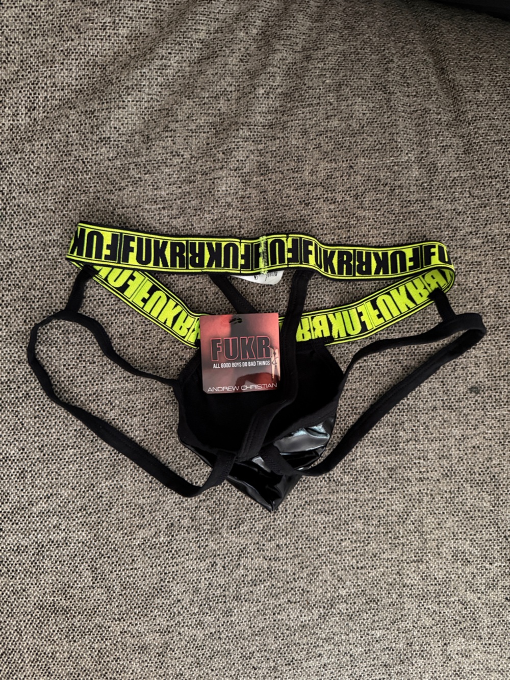 Andrew Christian FUKR Black Patent Jock/Thong with Neon Yellow Band - Picture 2 of 2